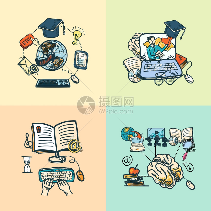 线教育电子学科学草图图标矢量插图图片