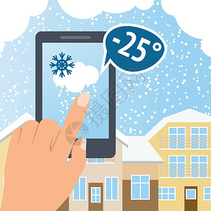 手霜天气预报雪智能手机海报与冬季城镇背景矢量插图插画