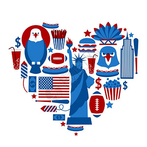 独立日美国纽约美国爱旅行与鹰汉堡可乐棒球棒矢量插图插画