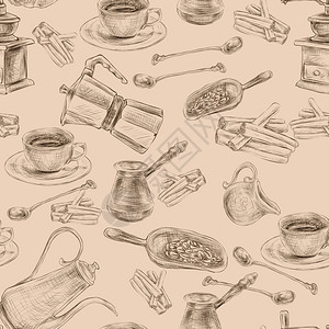 北欧风咖啡勺装饰复古咖啡套装与磨床豆糖无缝背景包装纸手绘涂鸦矢量插图插画