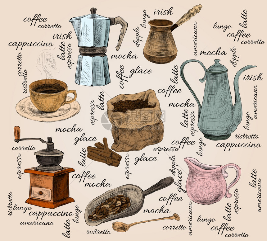 装饰复古卡布奇诺摩卡浓缩咖啡爱尔兰铁美式咖啡套装涂鸦颜色手绘背景矢量插图图片