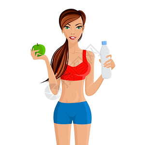 运动与水素材轻健康迷人的女孩保持健康的体重与苹果水饮食锻炼矢量插图插画