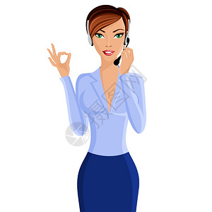 轻膜线轻感迷人的女呼叫中心客户支持互动服务代表与耳机集隔离矢量插图插画