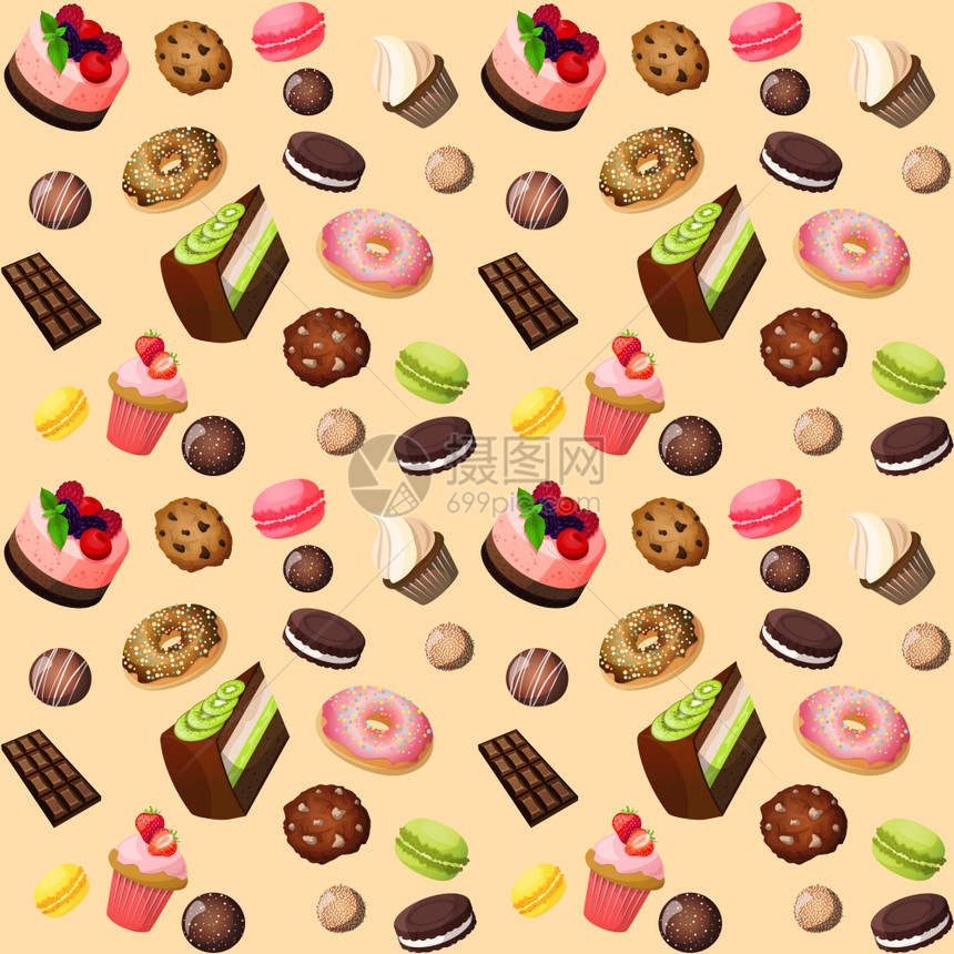 糖果无缝背景蛋糕,巧克力饼干,马卡龙甜甜圈矢量插图图片