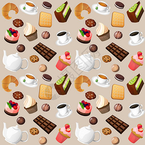 巧克力麦芬咖啡糖果无缝背景蛋糕巧克力饼干矢量插图插画