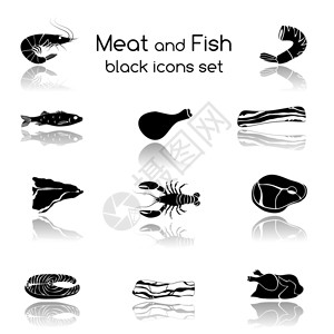 食物鱼肉黑色图标收集蟹肉鲑鱼猪肉牛排分离矢量插图高清图片