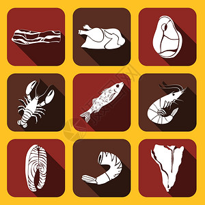 海鲜广场食物鱼肉平图标收集鸡牛肉火腿羊肉分离矢量插图插画