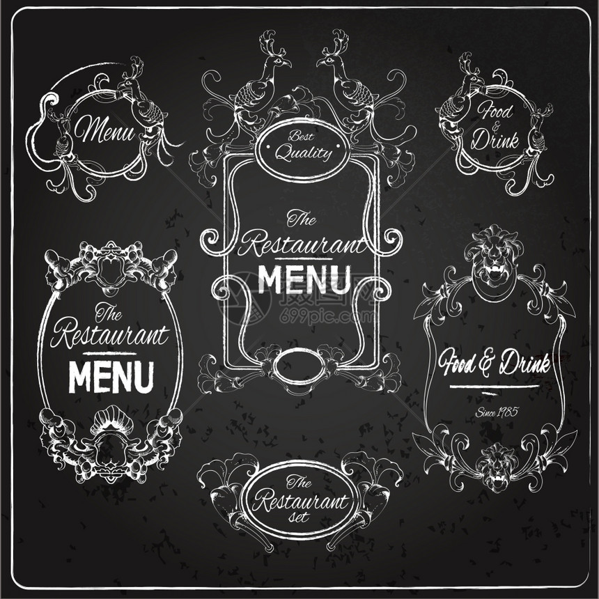 优雅的花卉书法黑板餐厅菜单标签矢量插图图片