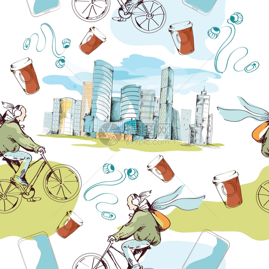 现代城市素描无缝图案与摩天大楼自行车矢量插图图片