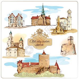 素描城堡老城建筑彩色素描装饰元素矢量插图插画
