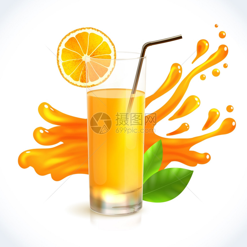 橙汁健康饮料璃与吸管溅背景标志矢量插图图片