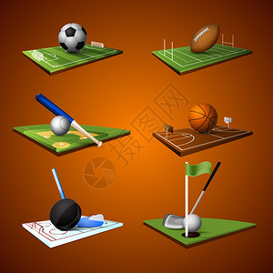 现实的体育标志图标足球,棒球,高尔夫,曲棍球,篮球棒球矢量插图图片