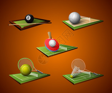 写实运动图标乒乓球台球羽毛球排球孤立矢量插图图片