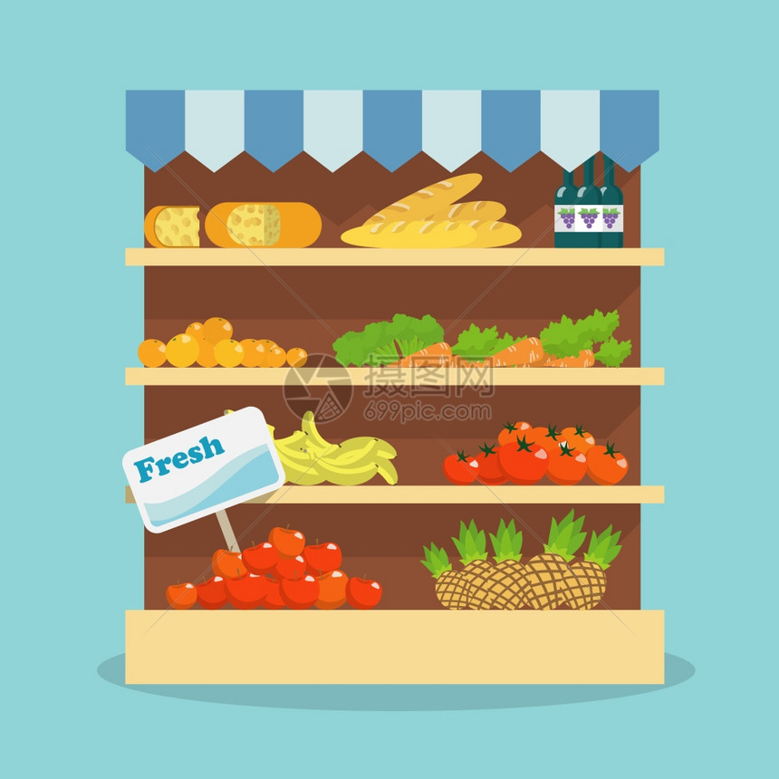 超市杂货店货架布局与新鲜水果,蔬菜,包葡萄酒平矢量插图图片