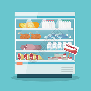 超市冰箱超市热冷冰箱货架食品收集与牛奶鱼肉奶酪鸡肠蛋糕平矢量插图插画