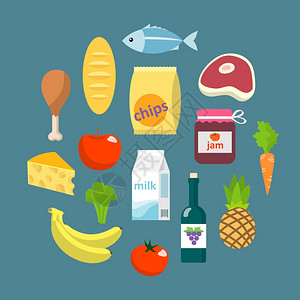 网上超市食品平的杂货店屠宰元素与肉,鱼,水果蔬菜矢量插图图片