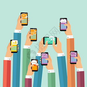 手托着手机现代移动即时通讯聊天海报与手智能手机矢量插图插画
