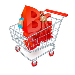 超市购物车3D与大销售红色字母内矢量插图背景图片