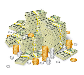 现实的3D美元现金钞票堆叠货币硬币塔矢量插图图片
