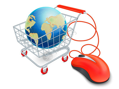 超市购物车3D与计算机鼠标全球互联网购物矢量插图图片