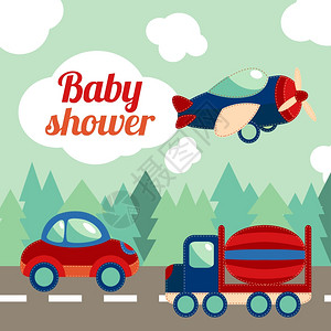 婴儿玩具飞机玩具运输道路上与森林背景婴儿淋浴邀请卡矢量插图插画