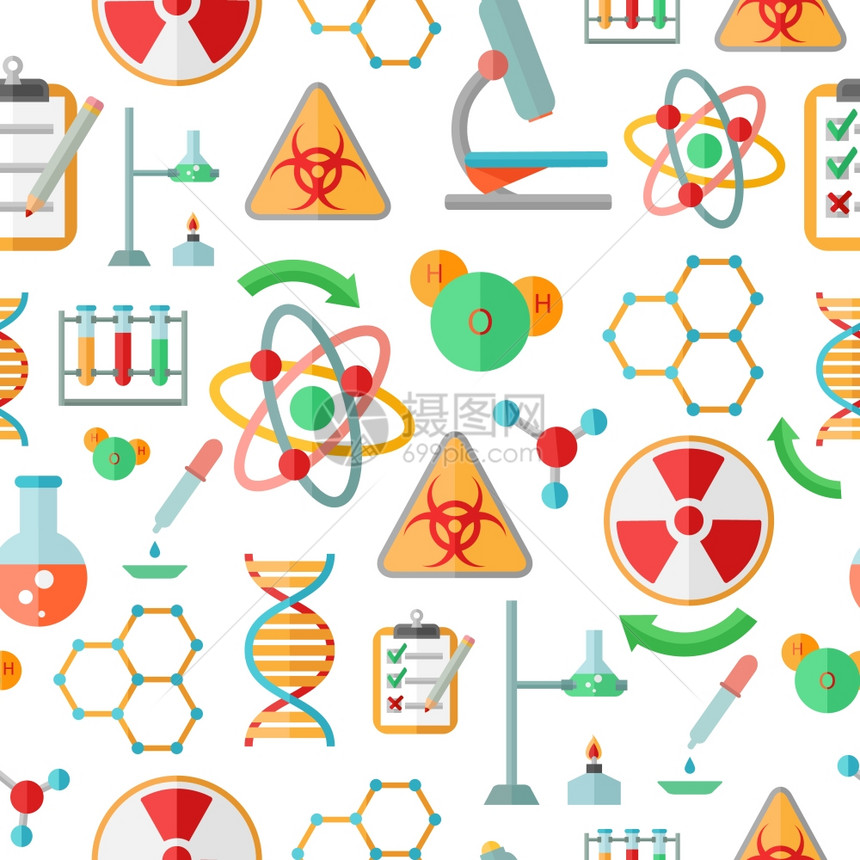 装饰抽象化学DNA研究符号显微镜代码公式无缝背景图案平矢量插图图片