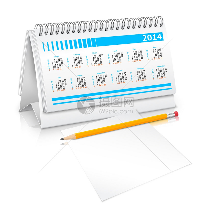 螺旋办公桌商务办公室日历规划师模型与铅笔纸张矢量插图图片