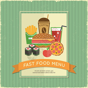 复古快餐菜单海报与丝带三明治薯条饮料矢量插图图片