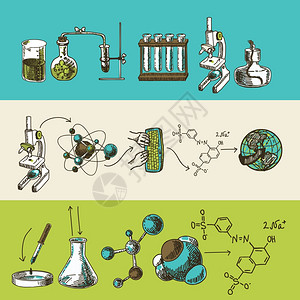 装饰科学全球化学研究设备符号分子公式涂鸦素描彩色横幅矢量插图图片