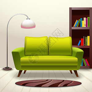 室内客厅,沙发灯书架矢量插图背景图片