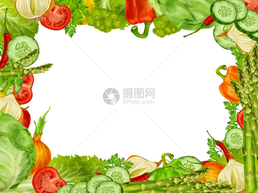 蔬菜机食品框架套辣椒花椰菜黄瓜矢量插图图片