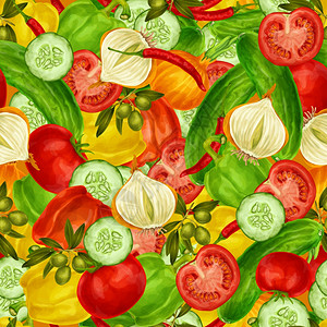 沙拉洋葱蔬菜机食品无缝背景与黄瓜洋葱,辣椒,番茄矢量插图插画