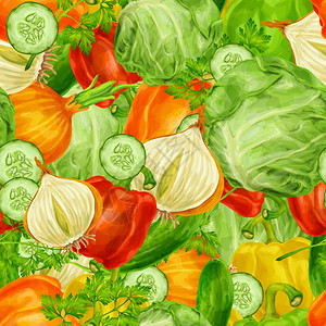黄瓜卷心菜蔬菜机食品混合无缝背景与卷心菜香菜辣椒矢量插图插画