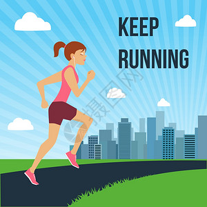 跑步慢跑吸引人的女人城市天际线背景海报矢量插图图片