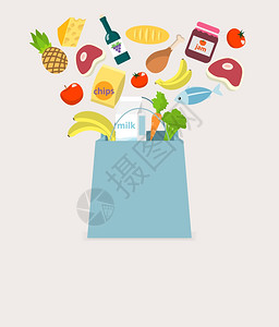 食品元素,杂货,蔬菜,水果,鱼肉购物袋矢量插图图片