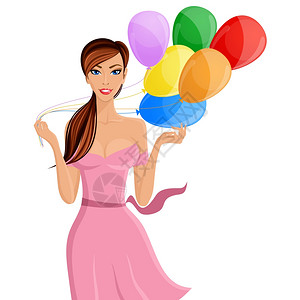 粉红色连衣裙轻开朗的女人用彩色气球肖像孤立白色背景矢量插图上插画