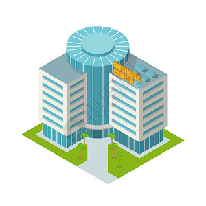 现代三维城市商务中心办公楼等距孤立矢量图插画