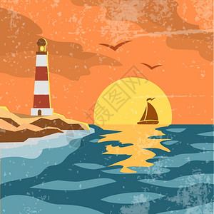 海上复古海报与帆船日出灯塔矢量插图图片