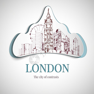 伦敦市伦敦城市比标志与大本塔桥梁矢量插图插画