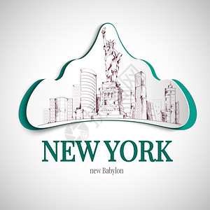 纽约巴比伦城市标志与自由雕像摩天大楼矢量插图插画