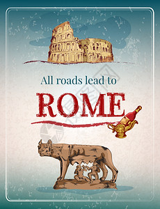 罗马城市复古海报与罗马狼酒瓶矢量插图图片