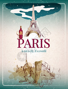 巴黎世界老城复古海报与埃菲尔铁塔矢量插图图片