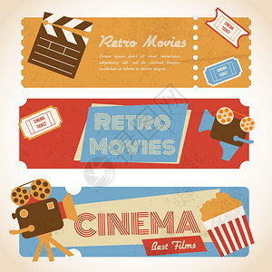 复古电影电影票横幅与老式相机爆米花矢量插图图片
