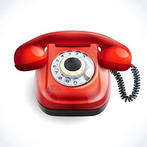 白色电话素材复古风格的红色电话与电线连接隔离白色背景矢量插图插画
