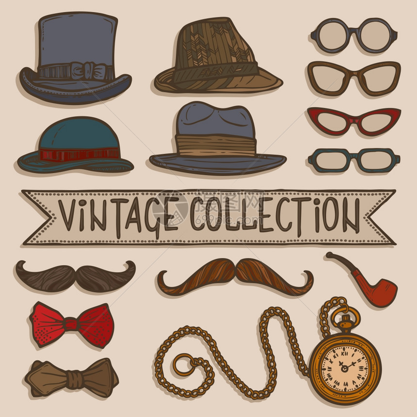 老式绅士套帽子,眼镜,胡子烟草管道贴纸,矢量插图图片