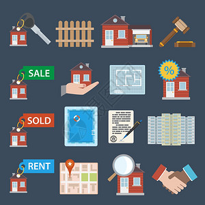 房地产图标集销售,出租,物业,公寓矢量插图高清图片