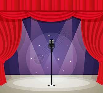 舞台与麦克风聚光灯与红色窗帘背景矢量插图背景图片
