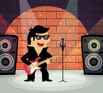 吉他宣传单名人滚明星舞台上用吉他麦克风矢量插图插画