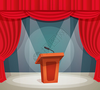 舞台讲话论坛与麦克风聚光灯舞台上与红色窗帘背景矢量插图插画