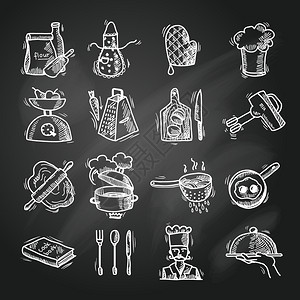 烹饪过程美味的食物草图黑板图标矢量插图图片